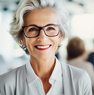 Woman with dentures at an office